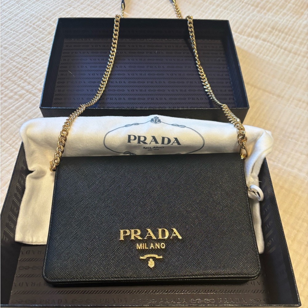 Prada Milano Saffiano Chain Wallet - Black with Gold Hardware
